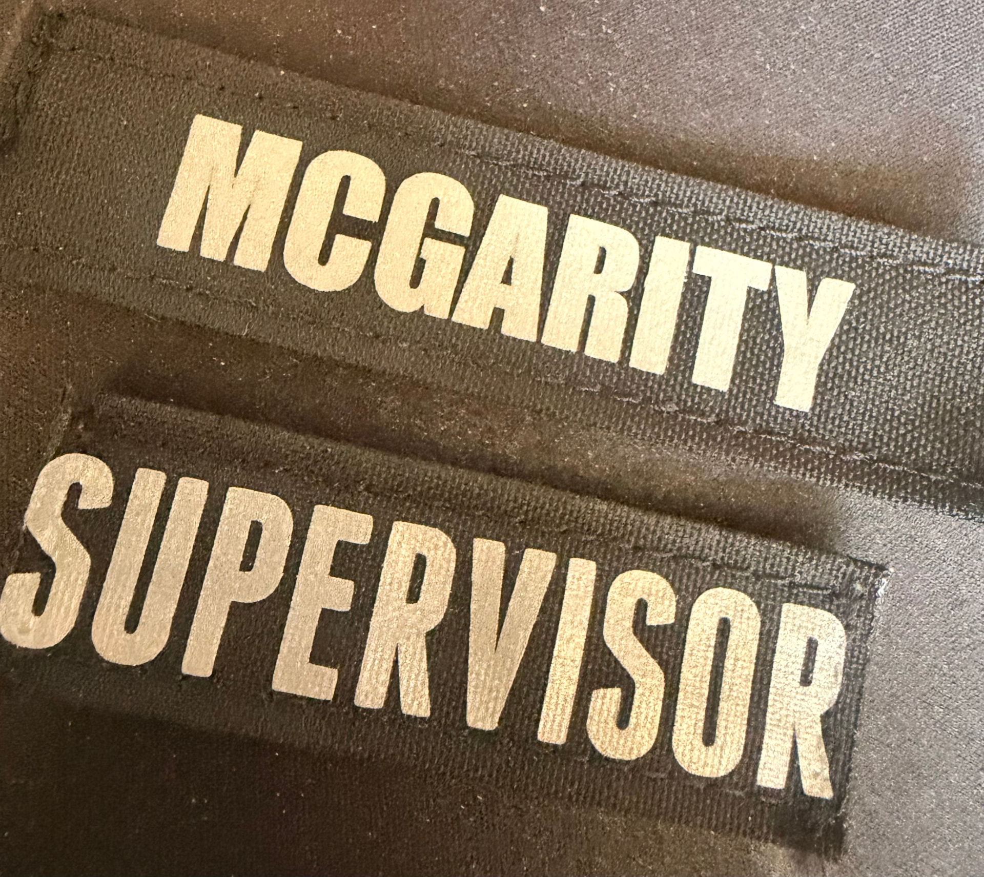 McGarity Supervisor custom rectangular name patches on black backing